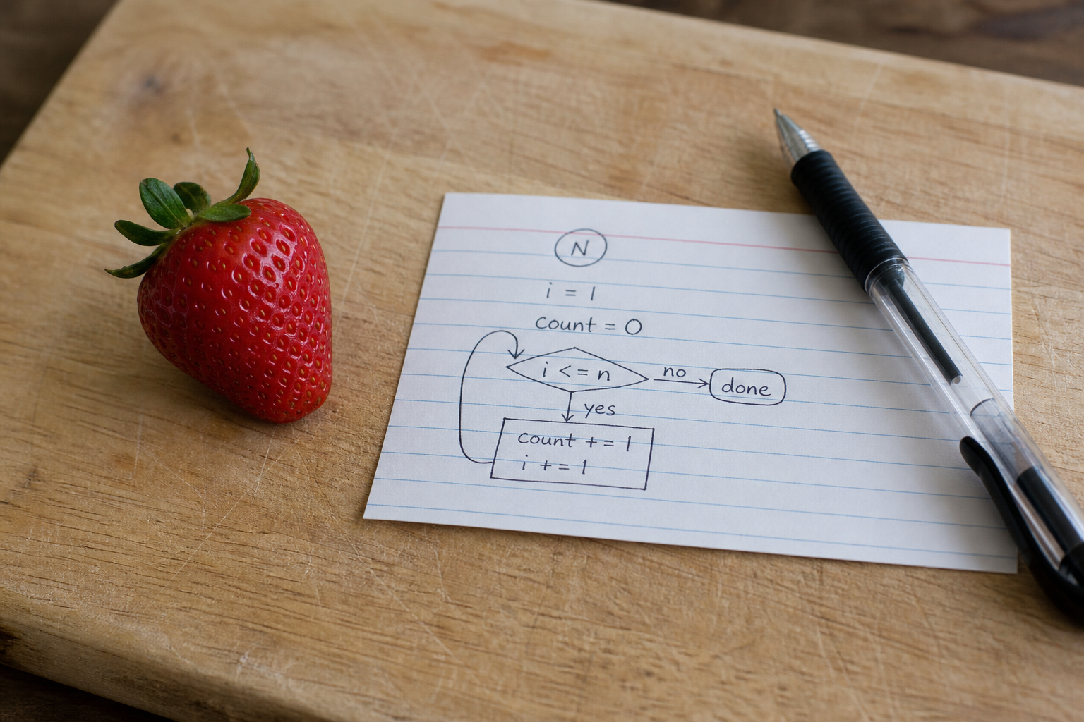 A strawberry next to a handwritten loop on an index card
