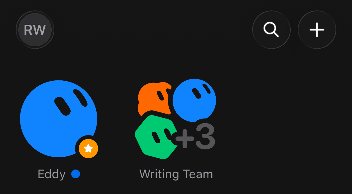 My Grok Bot chat list on my phone, with my agent Eddy and my Writing Team group at the top.