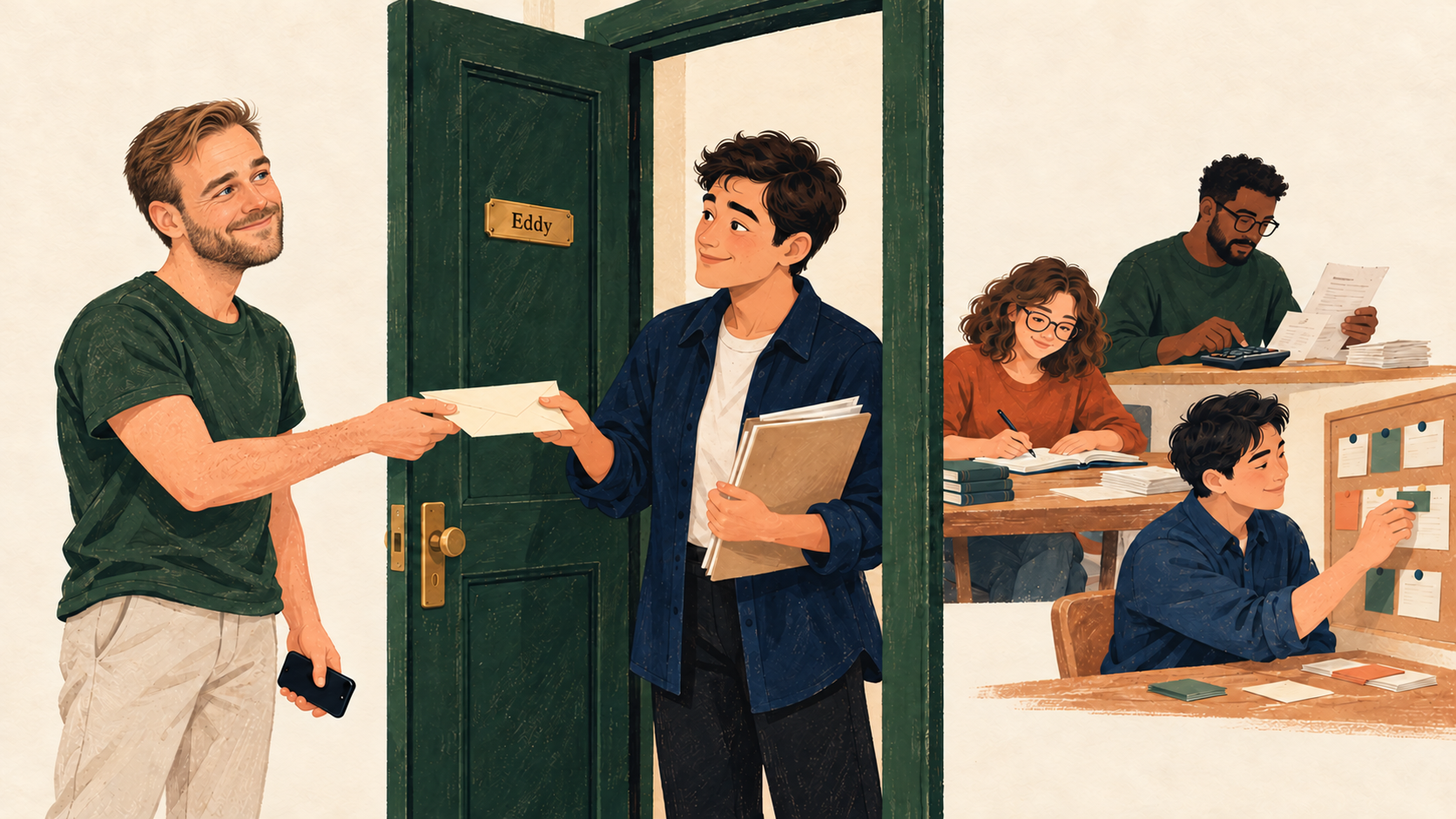 Illustration of me handing an envelope to my agent Eddy at a green door with his name on it. Behind him, three specialists work at desks: one writing, one with a calculator and papers, one pinning notes to a board.
