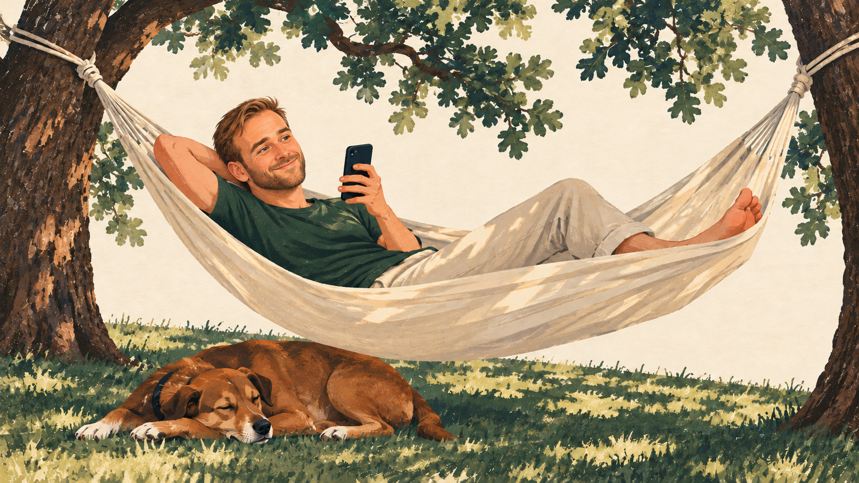 Illustration of me in a hammock between two trees, smiling at my phone, with my dog Chai asleep in the grass below.