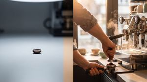 Split image: a single coffee bean in cool grey museum light on the left, a barista's hands tamping a portafilter at an espresso machine in warm morning light on the right.
