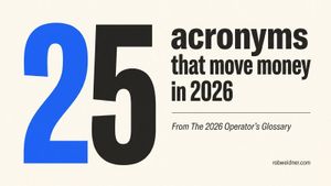 Editorial header — the numeral "25" rendered large with "2" in electric blue and "5" in charcoal, beside the title "acronyms that move money in 2026"