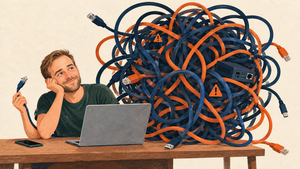 Illustration of me at a desk with my laptop and phone, smiling and holding one cable, next to a huge tangle of orange and blue cables, plugs and a mini PC with warning signs.