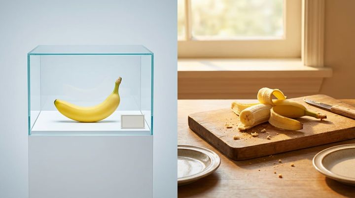 Split image: a pristine banana in a museum glass case on the left, a peeled banana on a kitchen cutting board in warm morning light on the right
