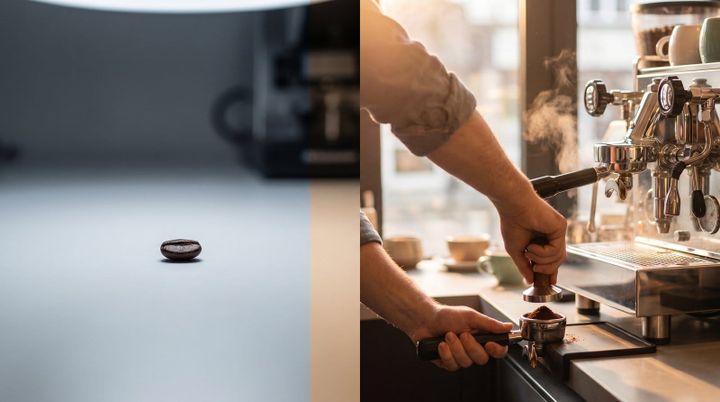 Split image: a single coffee bean in cool grey museum light on the left, a barista's hands tamping a portafilter at an espresso machine in warm morning light on the right.