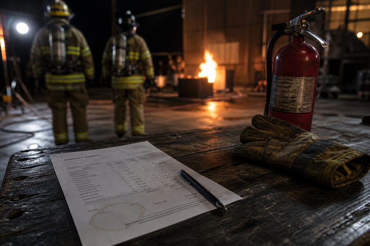 Monthly invoice on a film-set table, firefighters posted at a controlled fire