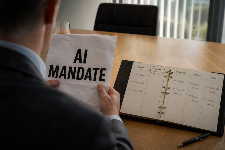 Someone gripping a crumpled AI MANDATE page, Tuesday circled and blank in the planner