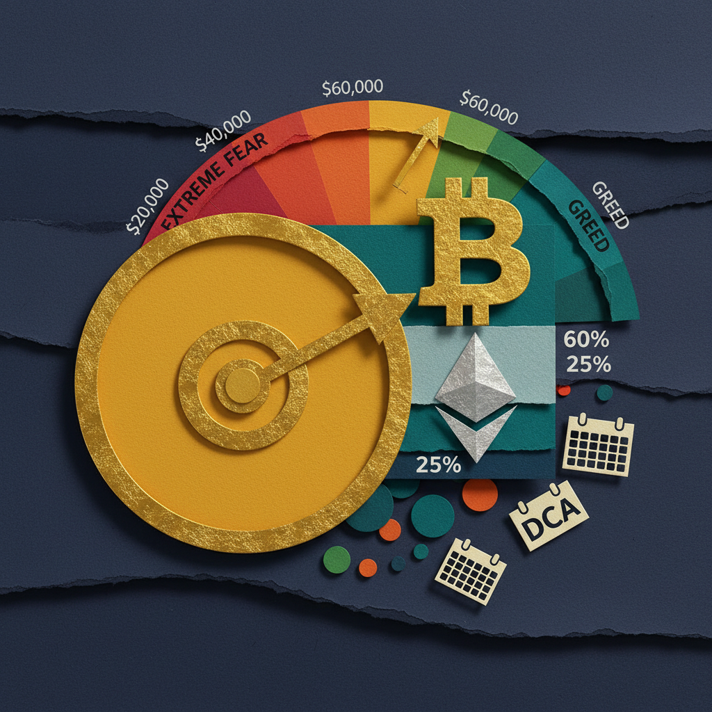 Crypto portfolio allocation strategy with DCA approach during extreme fear markets showing 60/25/15 distribution and fear gauge