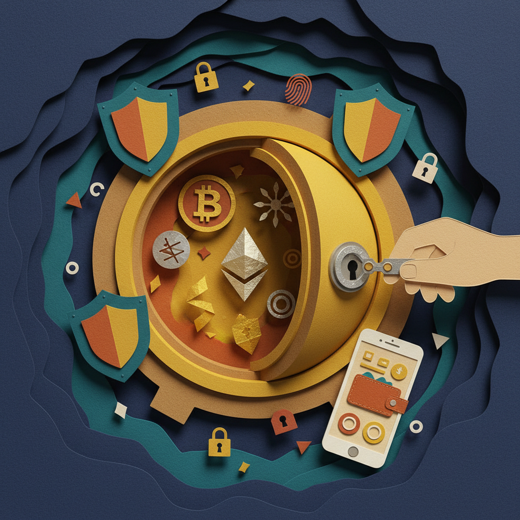 Cryptocurrency wallet security vault with hot wallet cold wallet comparison paper cut art illustration showing digital keys