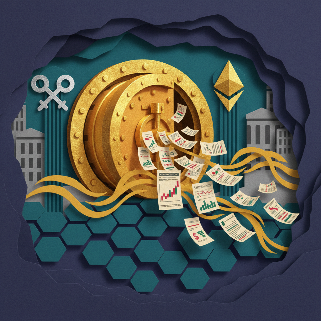 RWA真实世界资产代币化金融革命XRP以太坊区块链纸艺拼贴插画展示传统金融向链上迁移