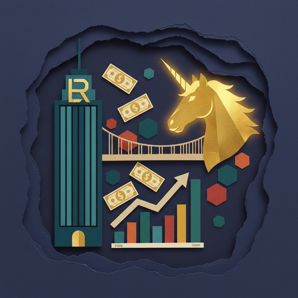 Paper collage showing traditional finance skyscraper connected to golden unicorn DeFi symbol via bridge with floating tokens