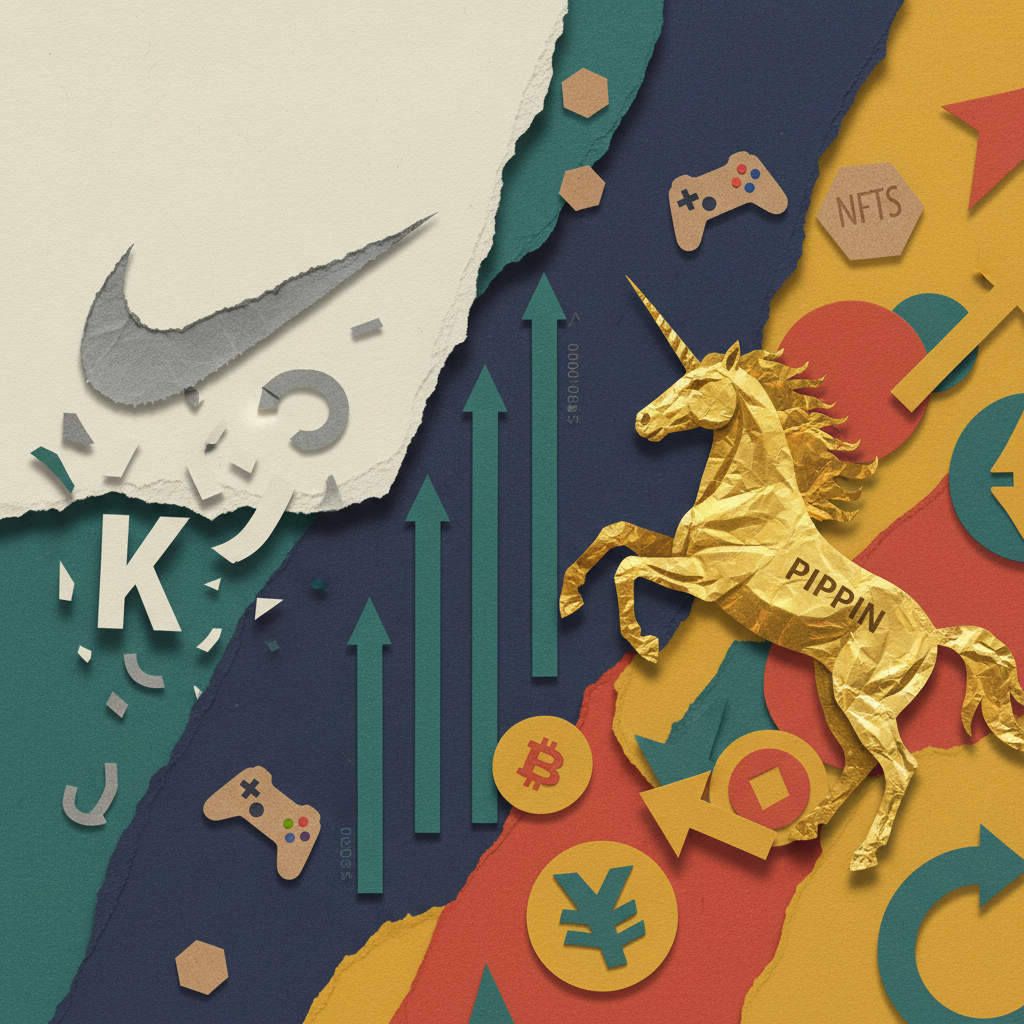 Paper cut collage contrasting Nike NFT exit with PIPPIN meme coin surge representing 2026 digital asset market polarization