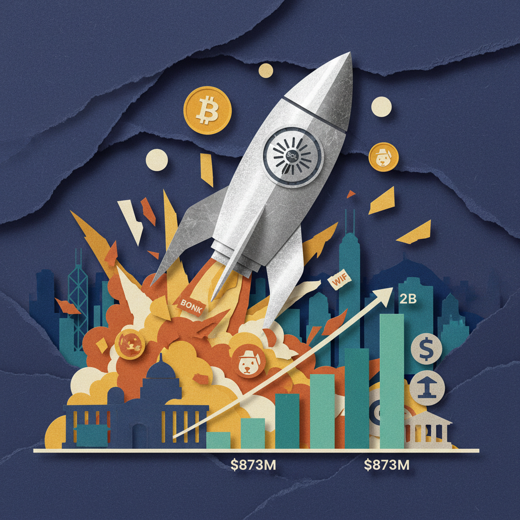 Solana institutional transformation RWA tokenization paper-cut collage with ascending rocket breaking through memecoin layers