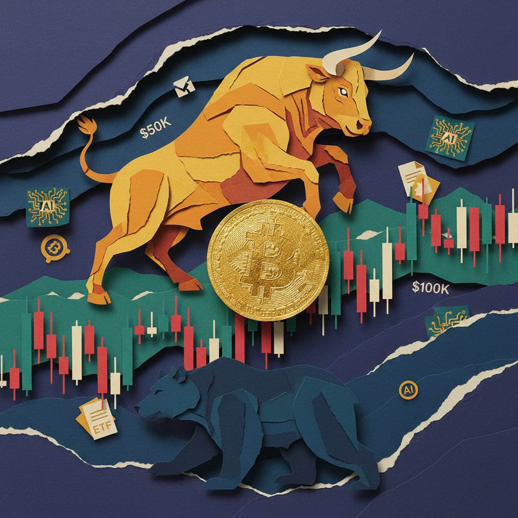 Bitcoin bull versus bear battle paper cut collage showing $50K and $100K price scenario technical analysis illustration