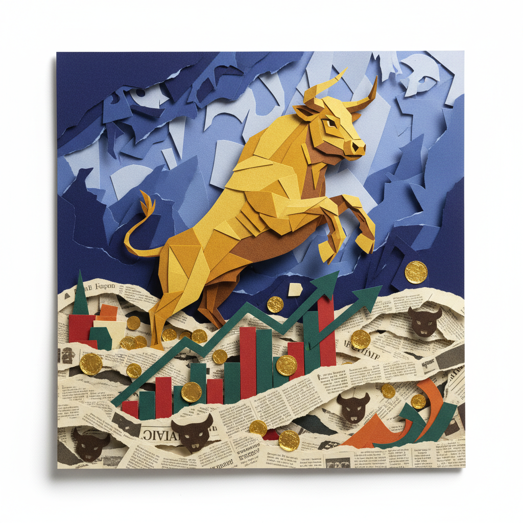 比特币恐惧指数9极限下黄金公牛冲破恐惧的纸雕艺术风格插画，展示投资组合多层级再平衡路径