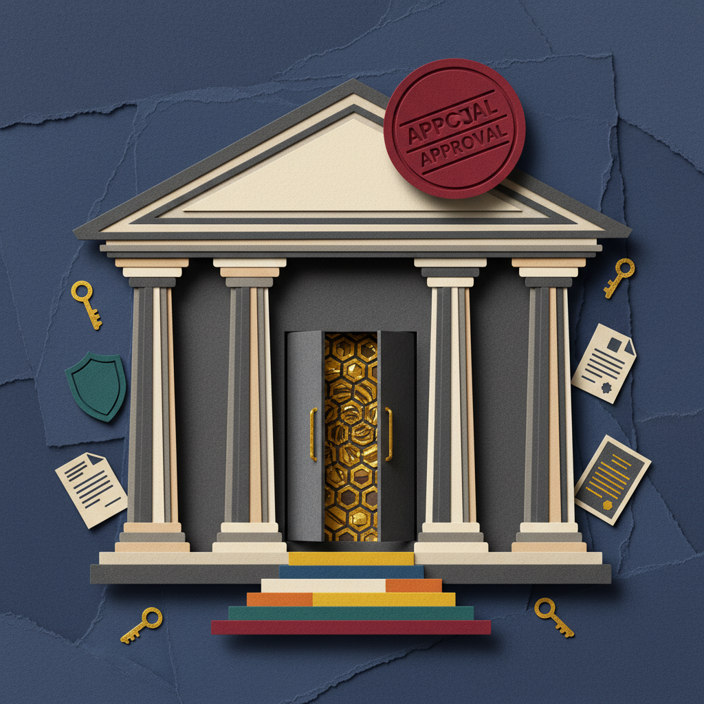 Paper cut collage of a classical bank with blockchain hexagons symbolizing Crypto.com OCC federal custody bank charter approval