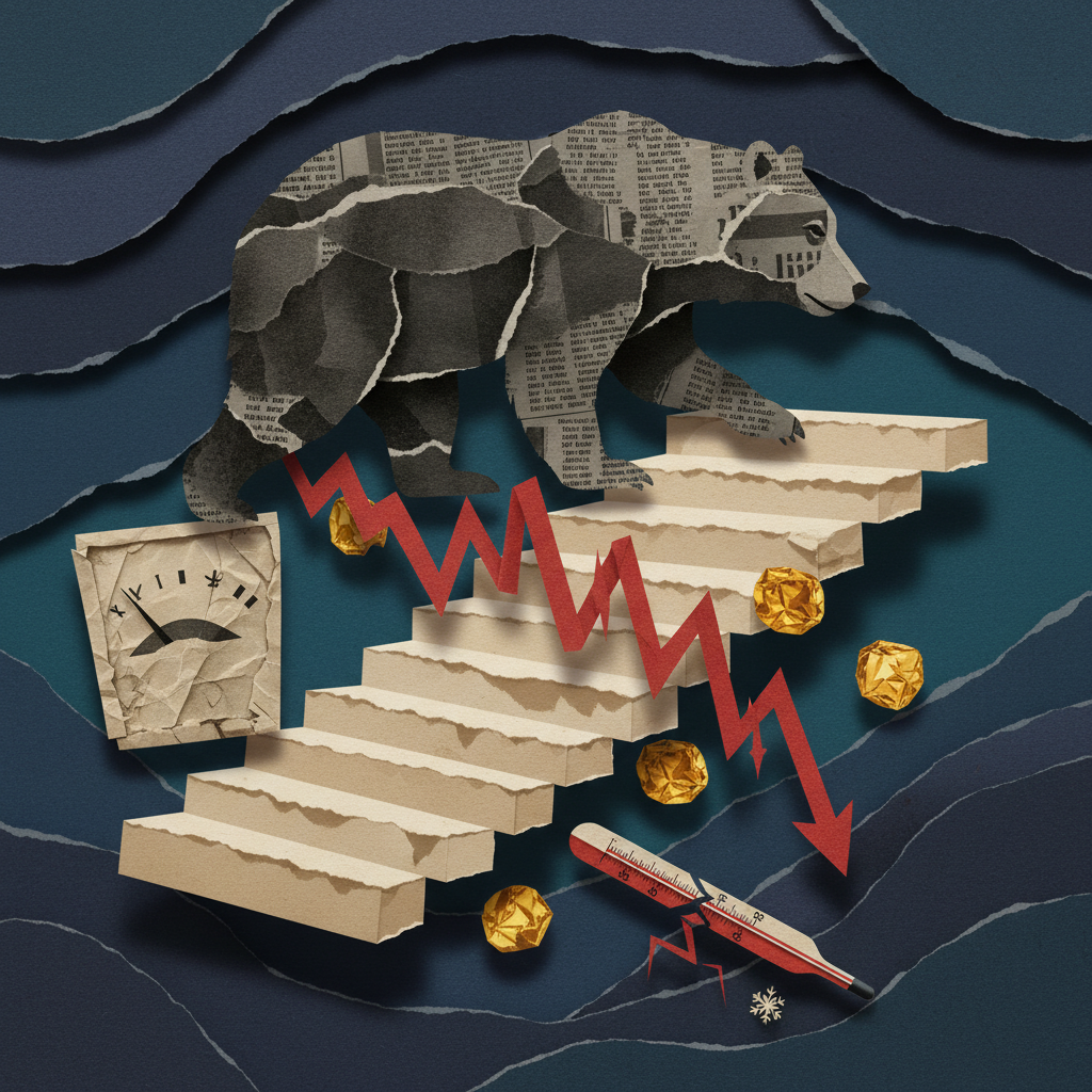 Paper cut collage illustration depicting a crypto market downturn with a bear silhouette descending torn paper steps alongside a declining candlestick chart, broken thermometer, and tumbling 