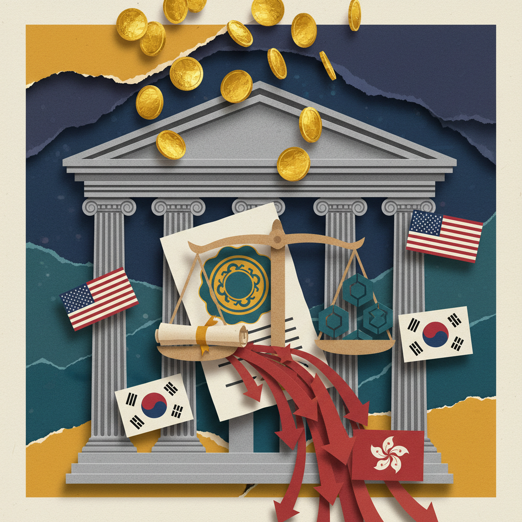 比特币ETF资金大规模流出与全球加密货币监管政策历史性转型剪纸拼贴风格插画
