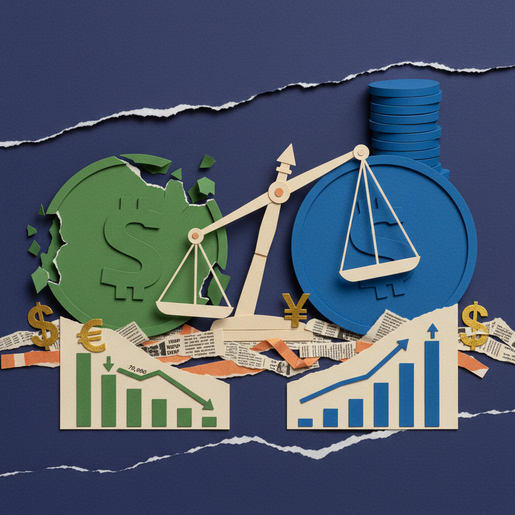USDT市值下滑与USDC逆势暴涨的稳定币竞争格局纸艺拼贴插画，绿色破损硬币与蓝色增长硬币在天平上对峙