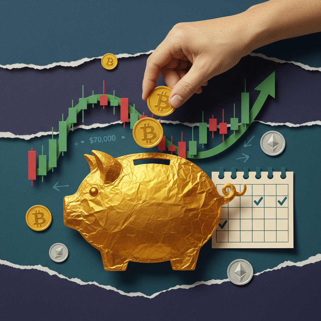 Paper cut collage illustration showing coins being dropped into a golden piggy bank with a V-shaped price chart transitioning from red declining candles to green rising candles representing D