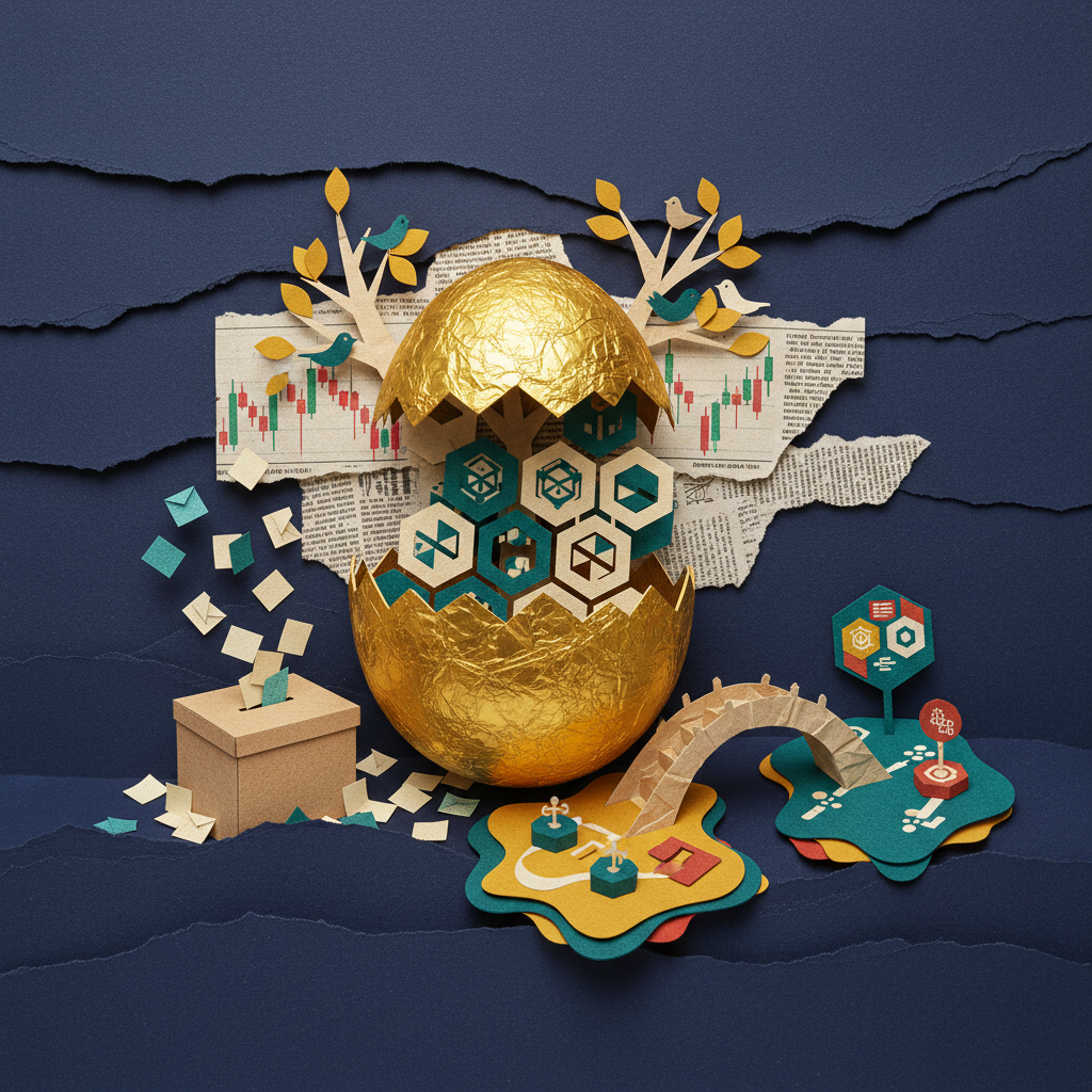 Nestree生态系统EGG代币Vote.Token跨链桥区块链社区剪纸拼贴插画