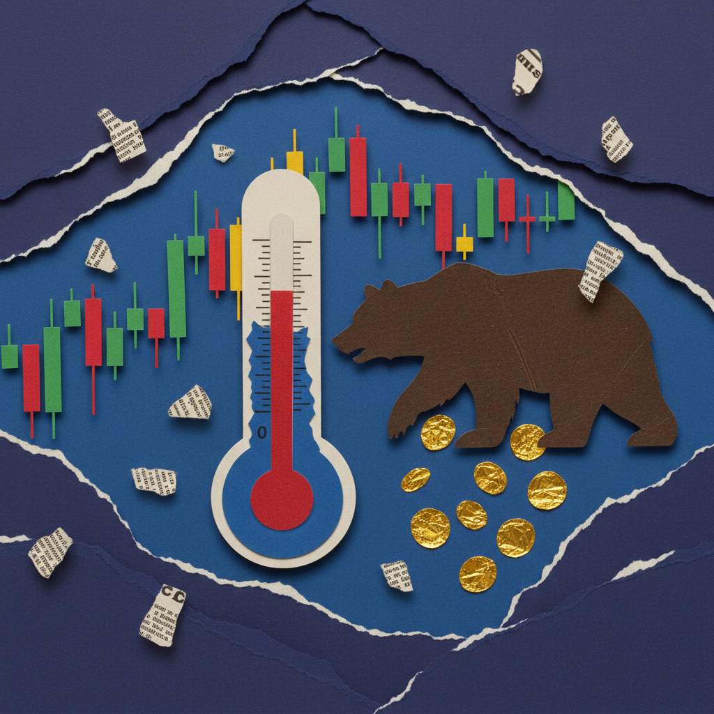 Crypto market extreme fear illustration with falling charts thermometer and bear silhouette paper cut collage