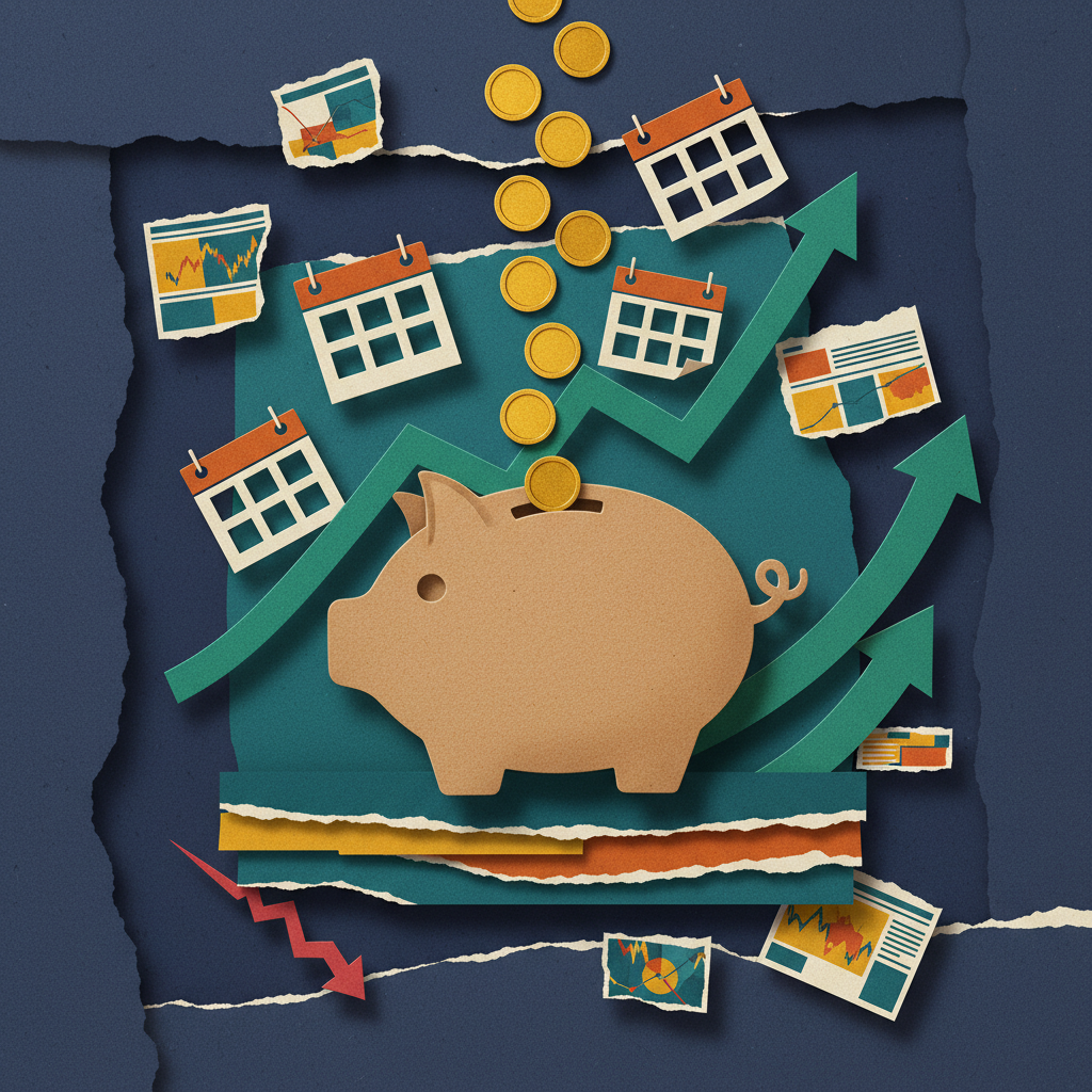 Paper cut collage illustration of gold coins steadily dropping into a piggy bank with a rising growth chart representing crypto DCA dollar cost averaging strategy