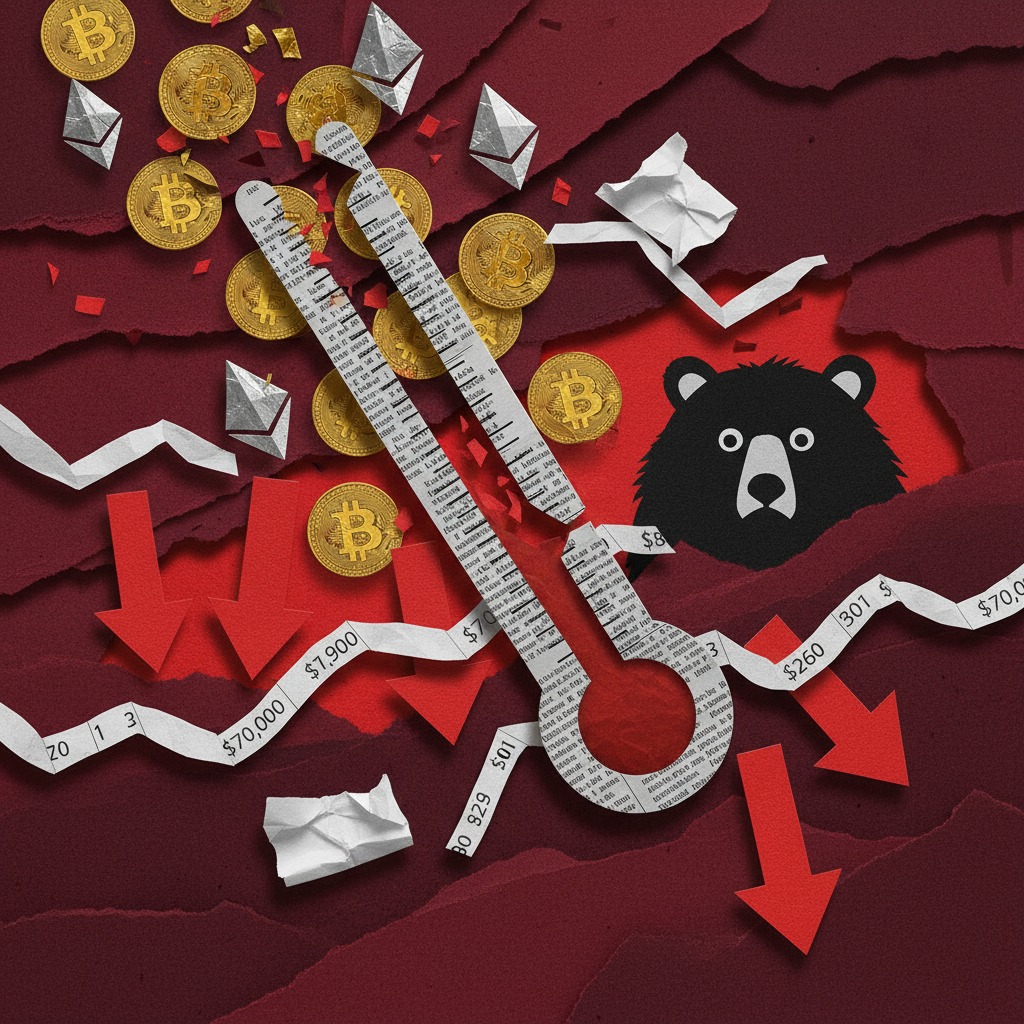 Crypto market Fear and Greed Index extreme fear Bitcoin Ethereum price crash bearish sentiment paper cut collage illustration
