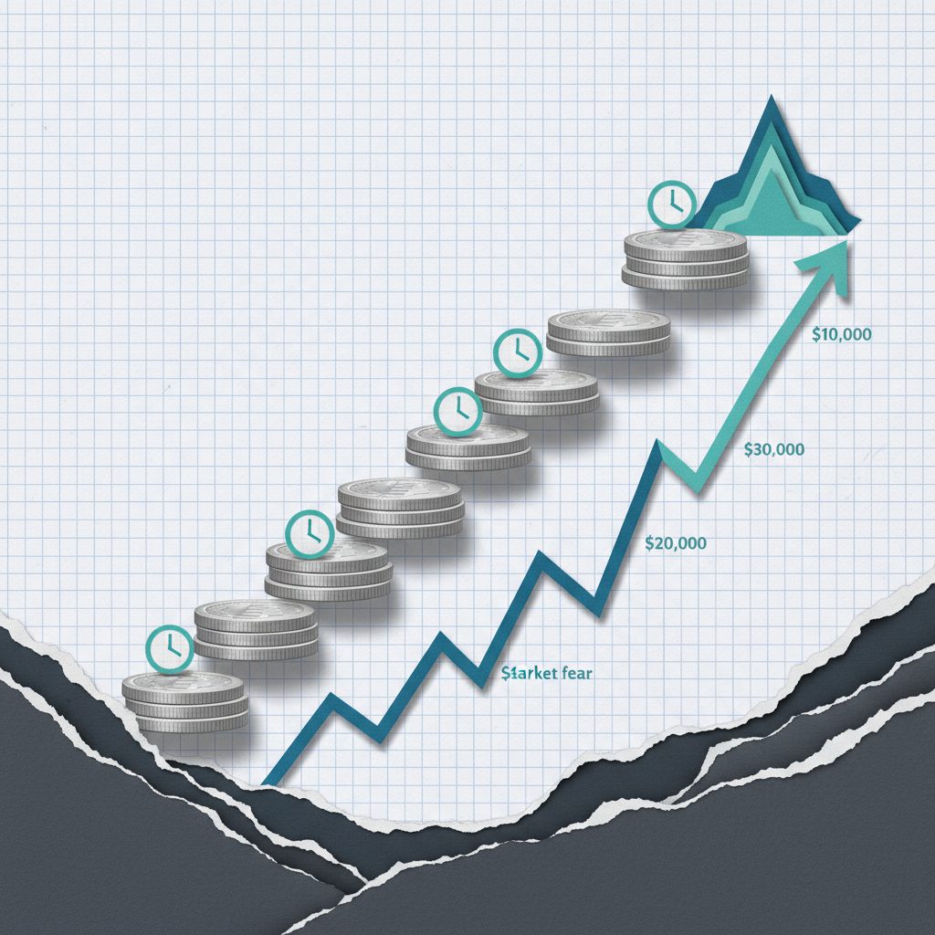 Paper cut collage illustration of ascending coin staircase representing crypto DCA investment strategy with rising growth chart lines on dark background