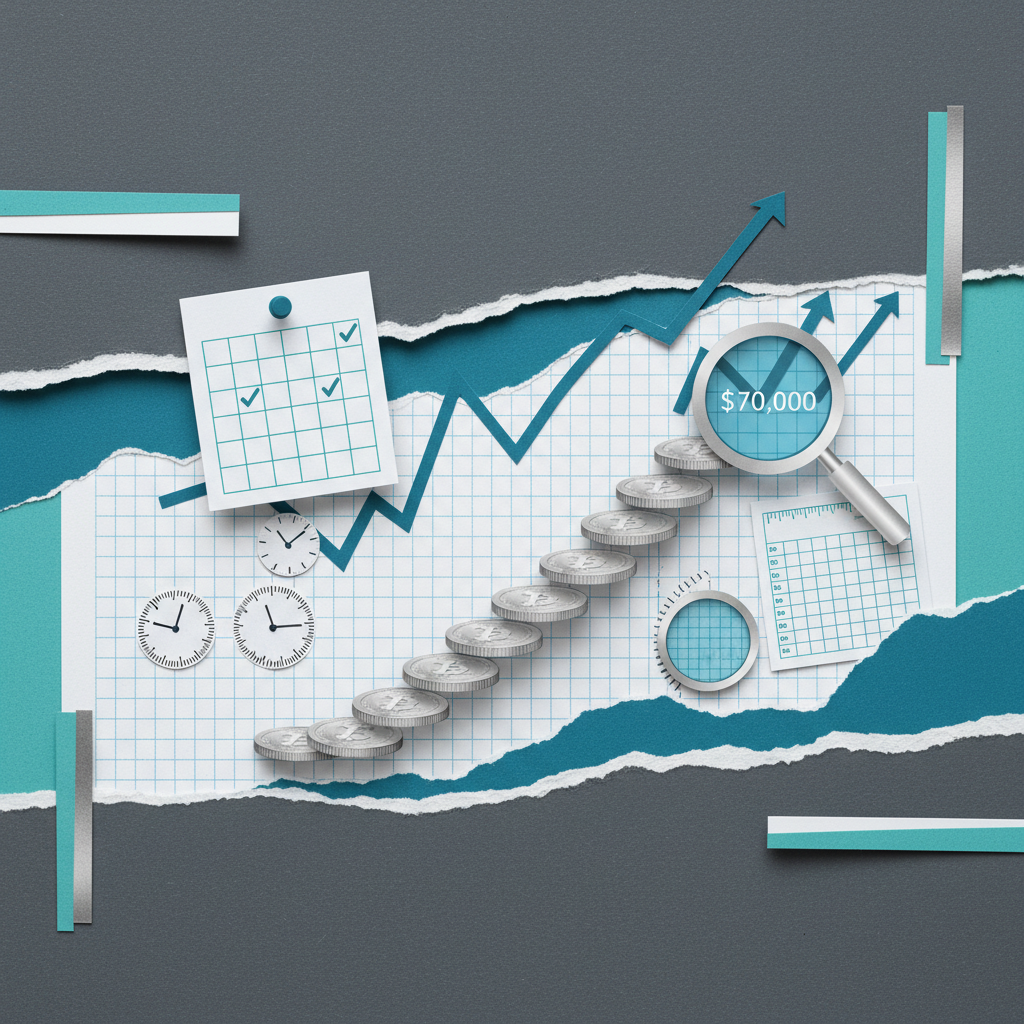 Paper cut collage illustration of ascending coin staircase on graph paper representing Bitcoin DCA investment growth over time
