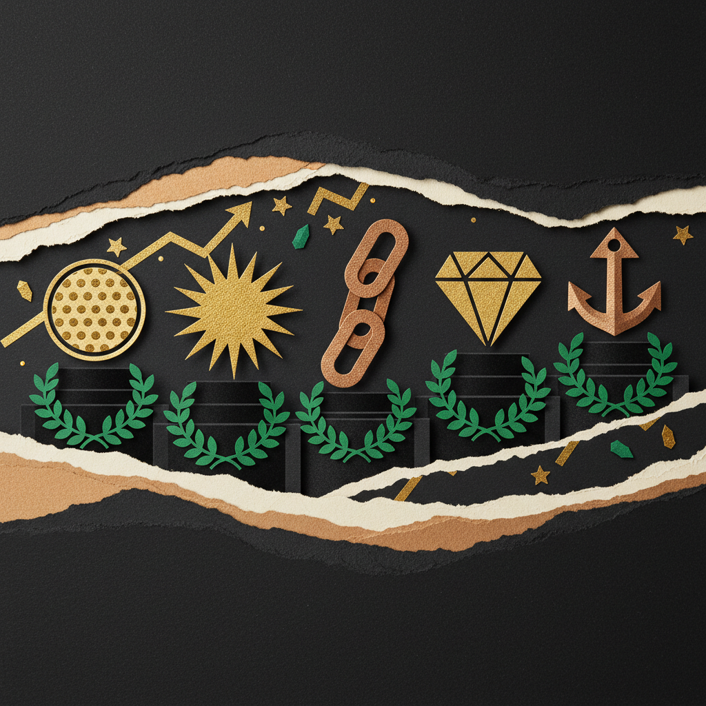 Top 5 catalyst altcoins for March 2026 featuring DOT SOL LINK ETH ANKR as premium paper cut collage illustration with gold foil symbols on black pedestals