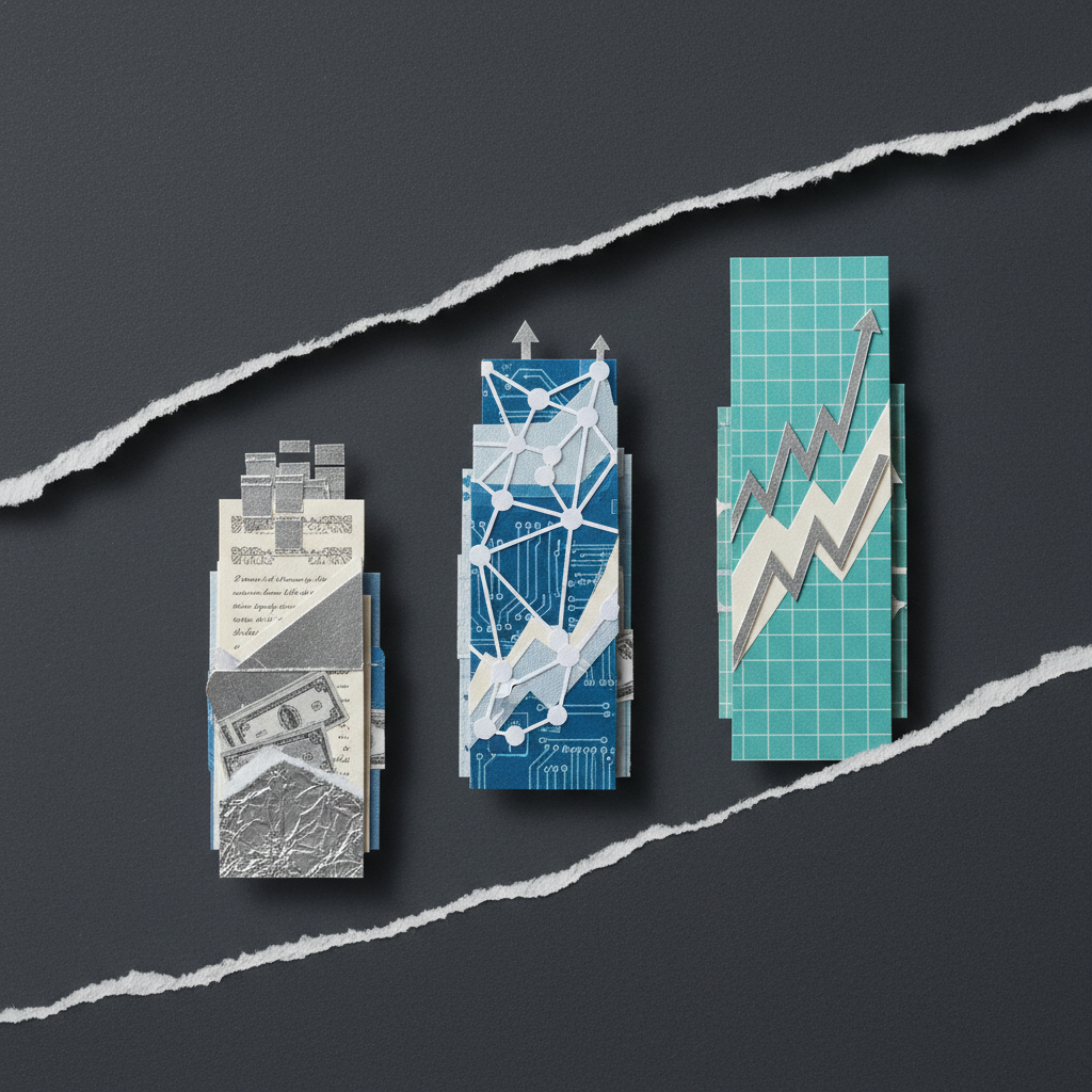 Paper cut collage of three rising columns representing 2026 crypto mega narratives RWA tokenization AI crypto and decentralized derivatives sector growth analysis