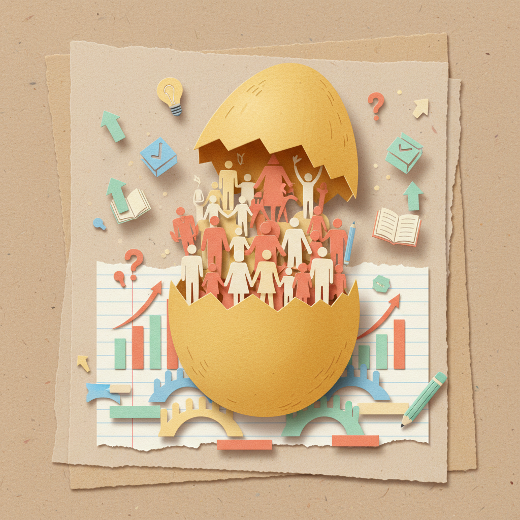 Nestree EGG token ecosystem paper cut collage illustration with golden egg revealing community silhouettes and Vote.Token ballot icons floating upward on kraft paper
