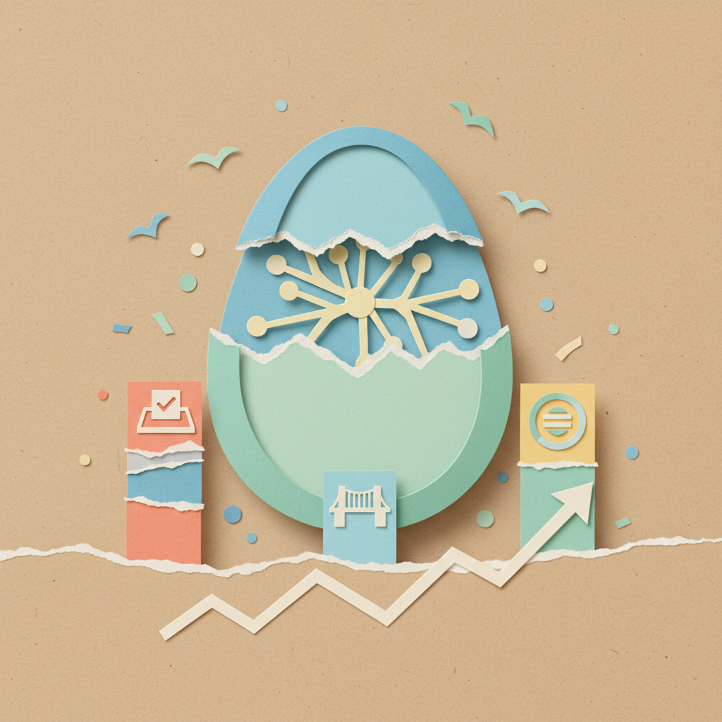 Nestree 생태계 EGG 토큰 Vote.Token Bridge 3대 인프라를 상징하는 페이퍼컷 콜라주 일러스트레이션