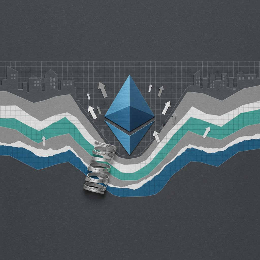 이더리움 ETH 가격 사이클 바닥 분석 일러스트레이션 - 하락 후 반등 가능성을 상징하는 페이퍼컷 콜라주