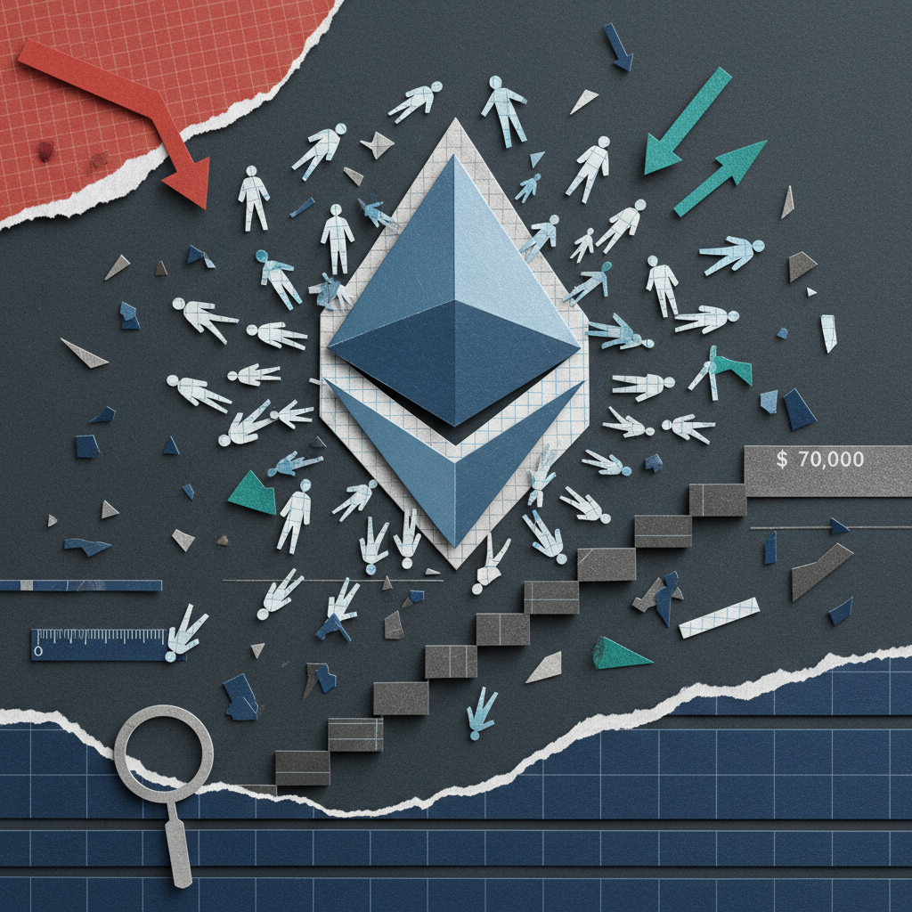 이더리움 ETH 2026년 3월 심층 분석 일러스트 - 가격 하락과 네트워크 성장의 역설을 표현한 페이퍼컷 콜라주