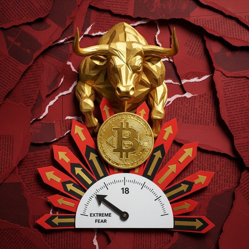 Bitcoin tests $70,000 resistance April 7 2026 crypto market extreme fear greed index 18 276 million liquidations short squeeze bull charge paper cut collage illustration