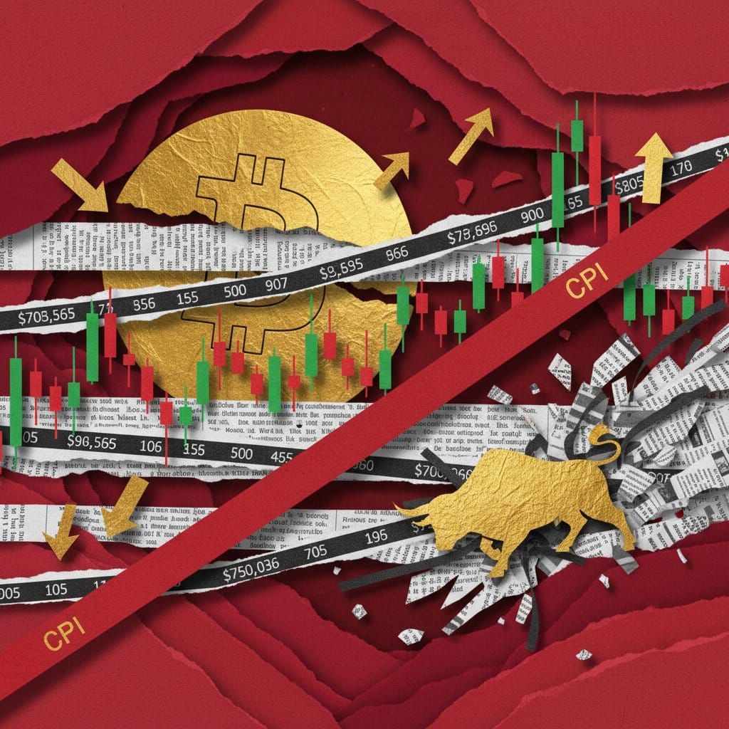 Crypto market briefing April 10 2026 Bitcoin BLUR surge CPI liquidations paper cut collage illustration