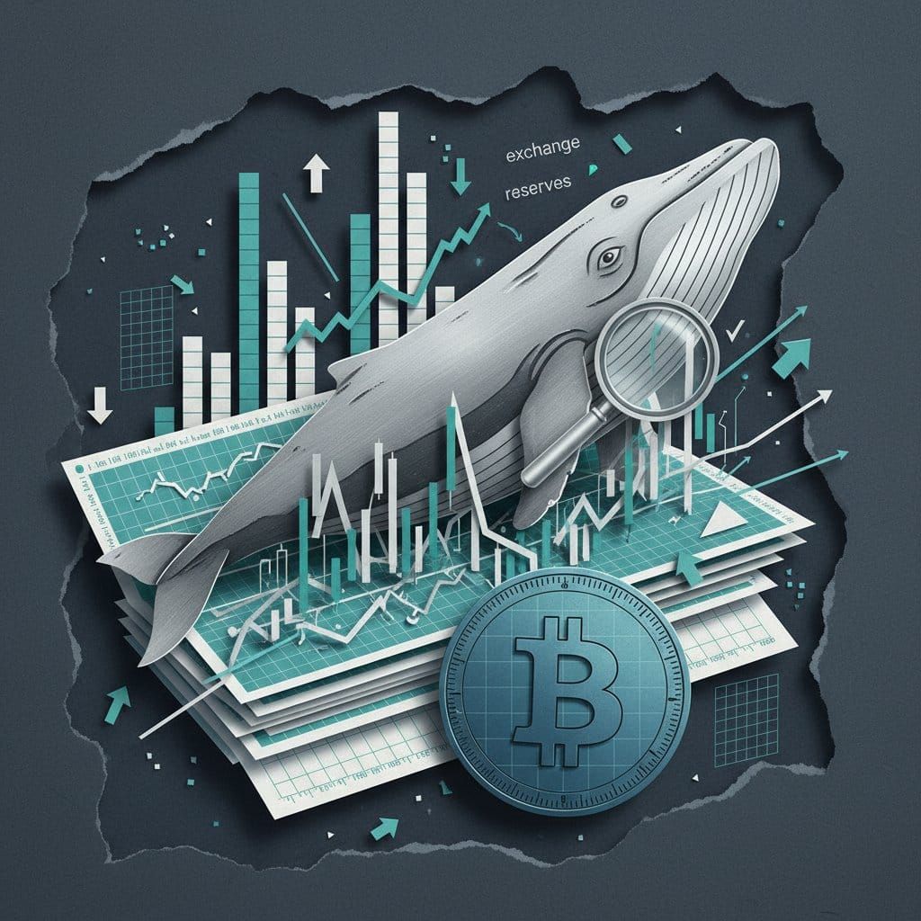 Bitcoin exchange reserves 7-year low whale accumulation on-chain analysis paper cut collage illustration