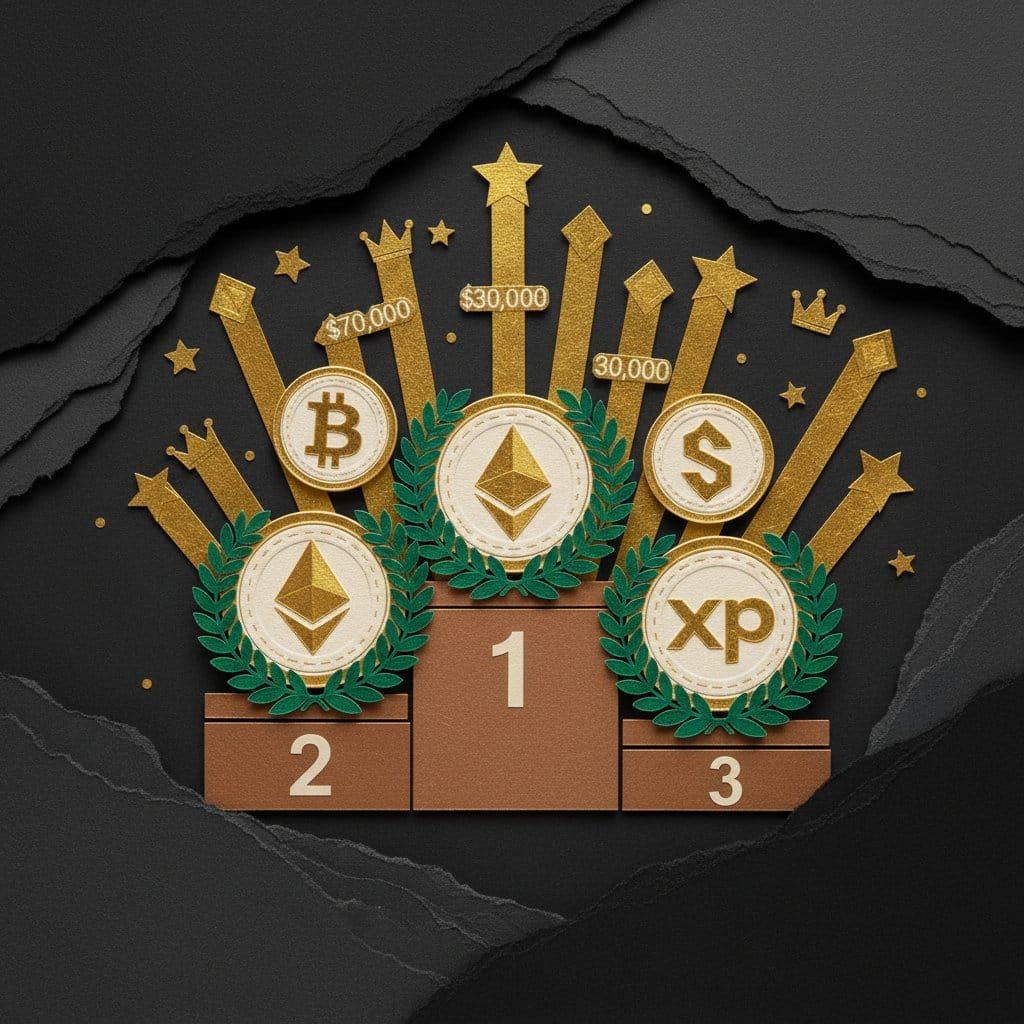 Top 4 cryptos to buy April 2026 — Bitcoin Ethereum Solana XRP gold foil ranking podium paper cut-out collage illustration