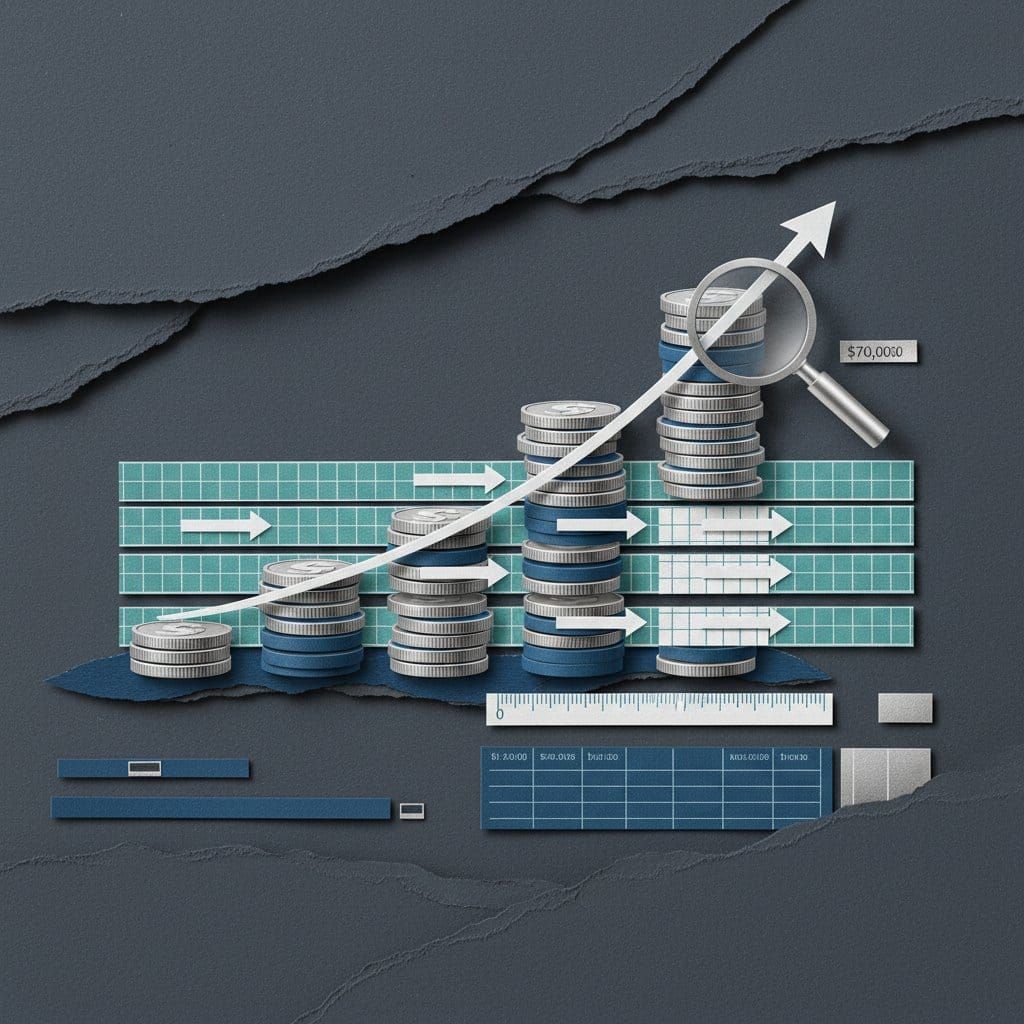 Dollar-cost averaging crypto investment strategy showing steady accumulation and rising returns through paper cut collage illustration