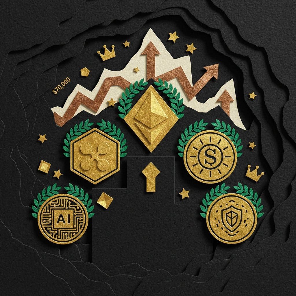 Top 5 altcoins April 2026 extreme fear ETH XRP SOL RENDER ZEC expert picks paper cut collage illustration