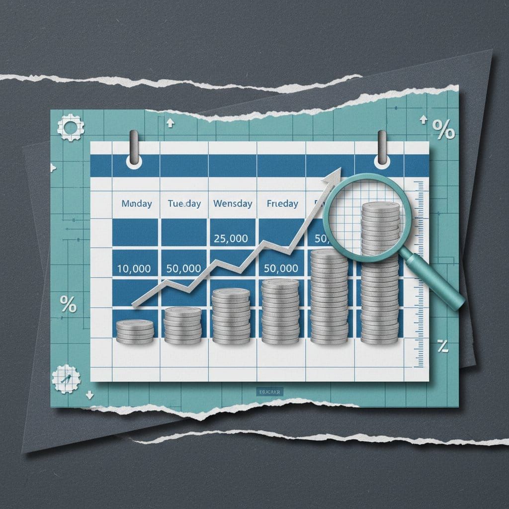 Crypto dollar-cost averaging DCA strategy illustrated with calendar coin stacks and upward growth chart paper cut collage