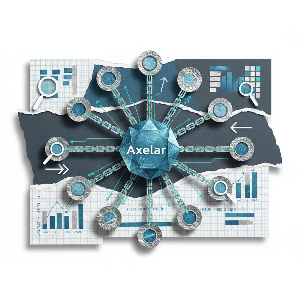 Axelar AXL cross-chain network connecting 55 blockchain nodes paper cut collage illustration