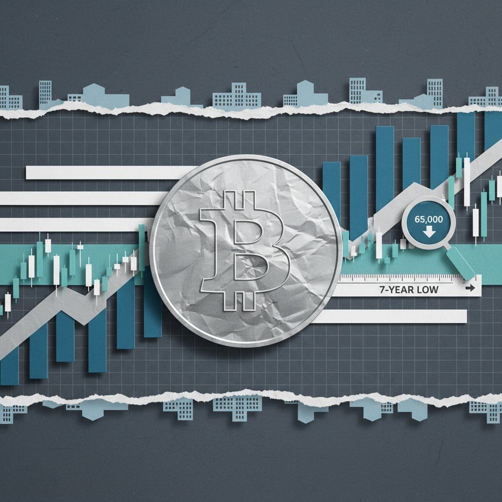 Bitcoin weekly analysis paper cut collage illustration showing exchange reserves at 7-year low with descending bar charts and institutional building silhouettes on dark slate background