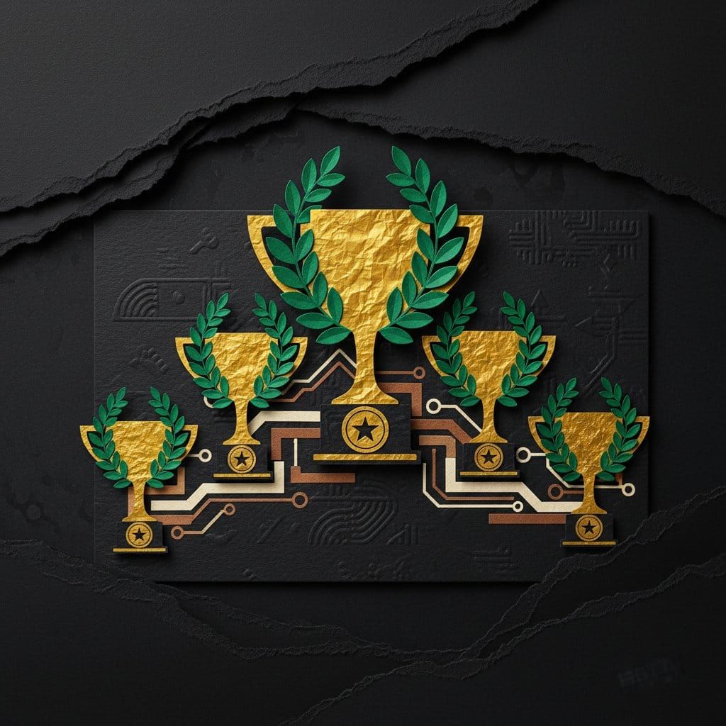 Top 5 cryptos to buy in April 2026 during extreme fear — Bitcoin Ethereum Solana XRP Hyperliquid institutional accumulation gold trophy paper cut collage illustration