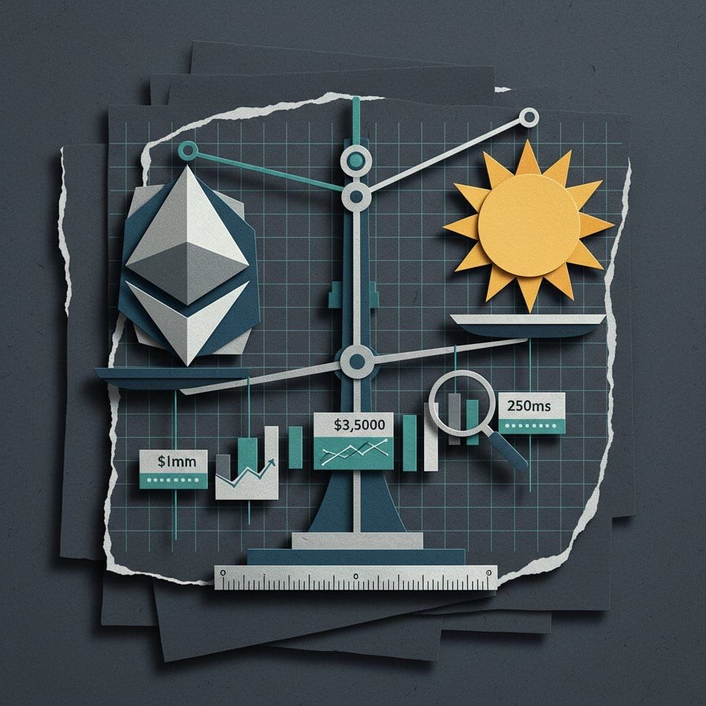 Solana vs Ethereum 2026 blockchain comparison — speed, fees, TVL and developer ecosystem illustrated as a paper cut-out balance scale