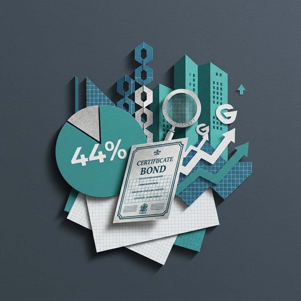 2026 tokenization supercycle paper cut collage showing RWA bond certificates blockchain chains and 44% market share pie chart