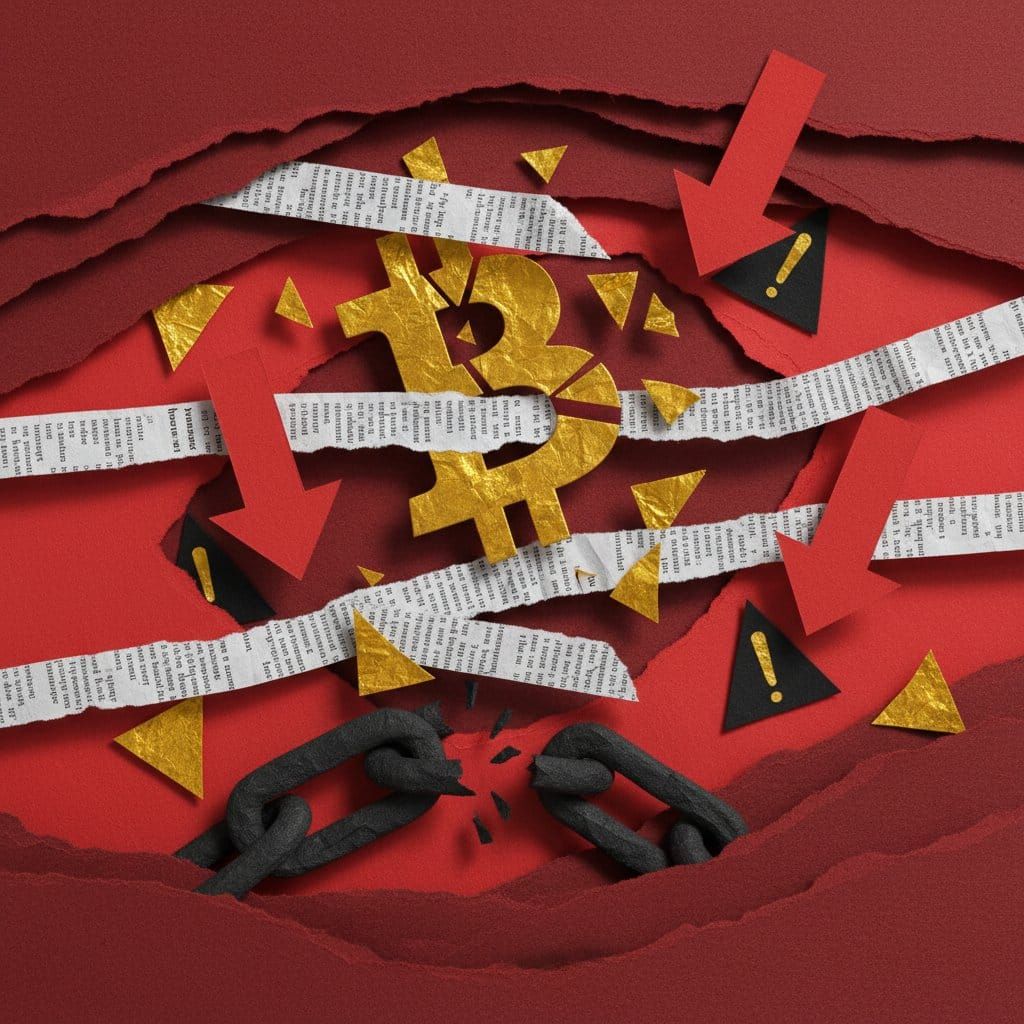 Crypto market briefing April 20 2026 Kelp DAO DeFi hack Bitcoin $75K support Fear Greed index 27 paper cut collage illustration