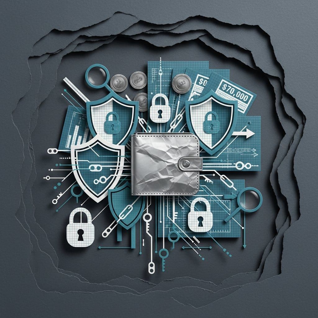 Cold wallet vs hot wallet crypto security comparison 2026 paper cut collage illustration